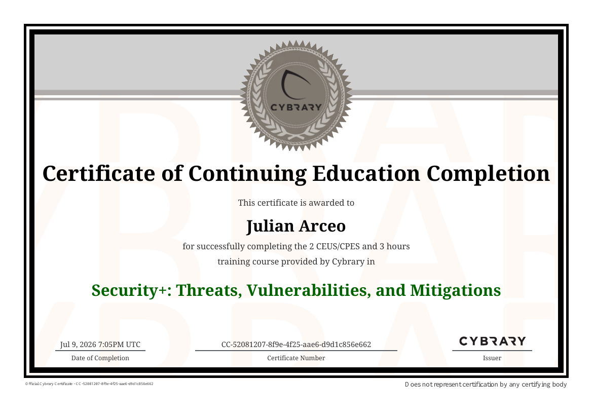 Threats, Vulnerabilities & Mitigations certificate preview