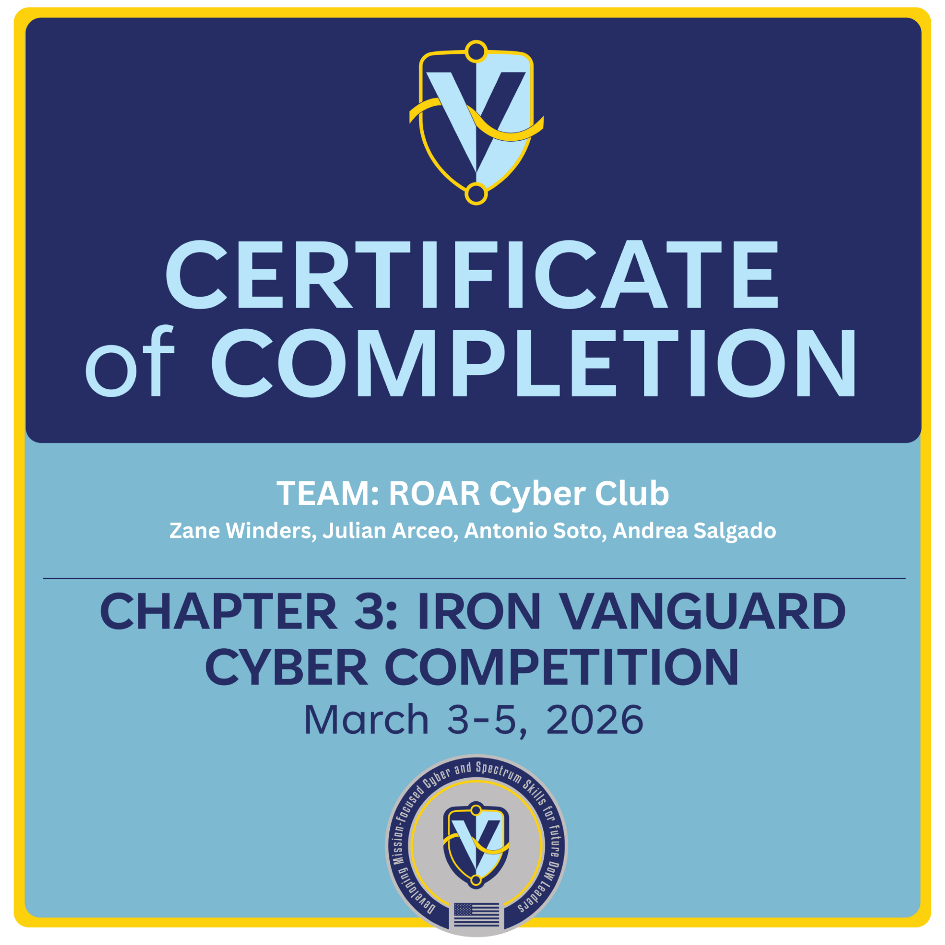 Iron Vanguard Cyber Competition certificate preview