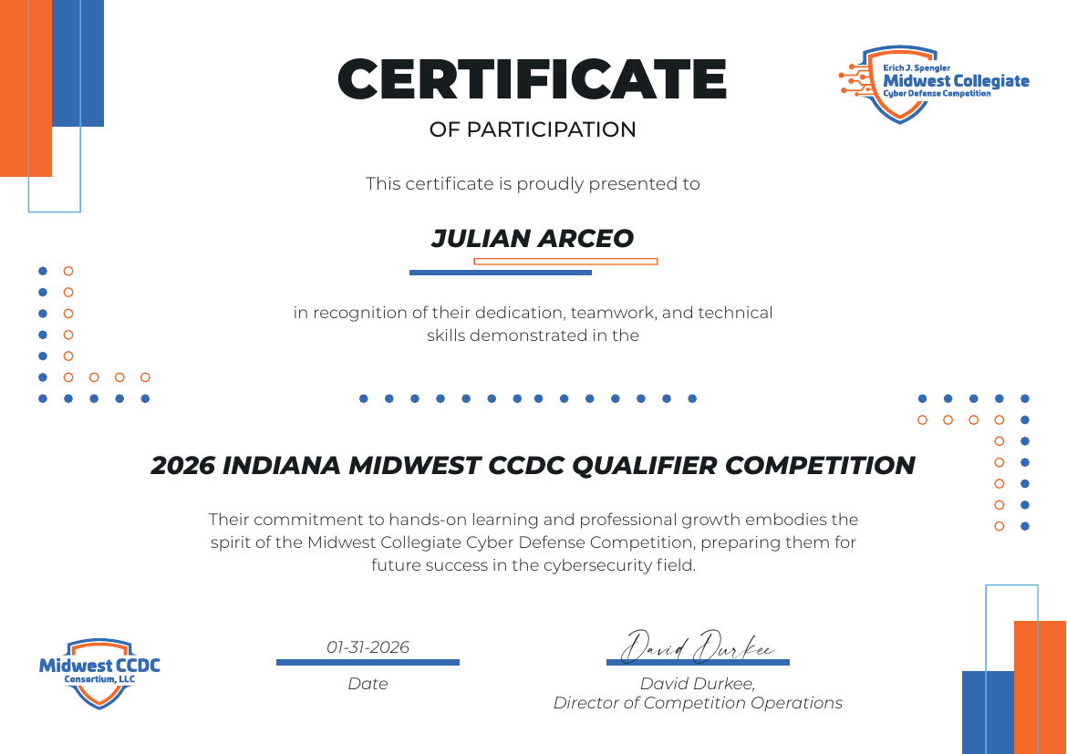 Indiana Midwest CCDC Qualifier certificate preview
